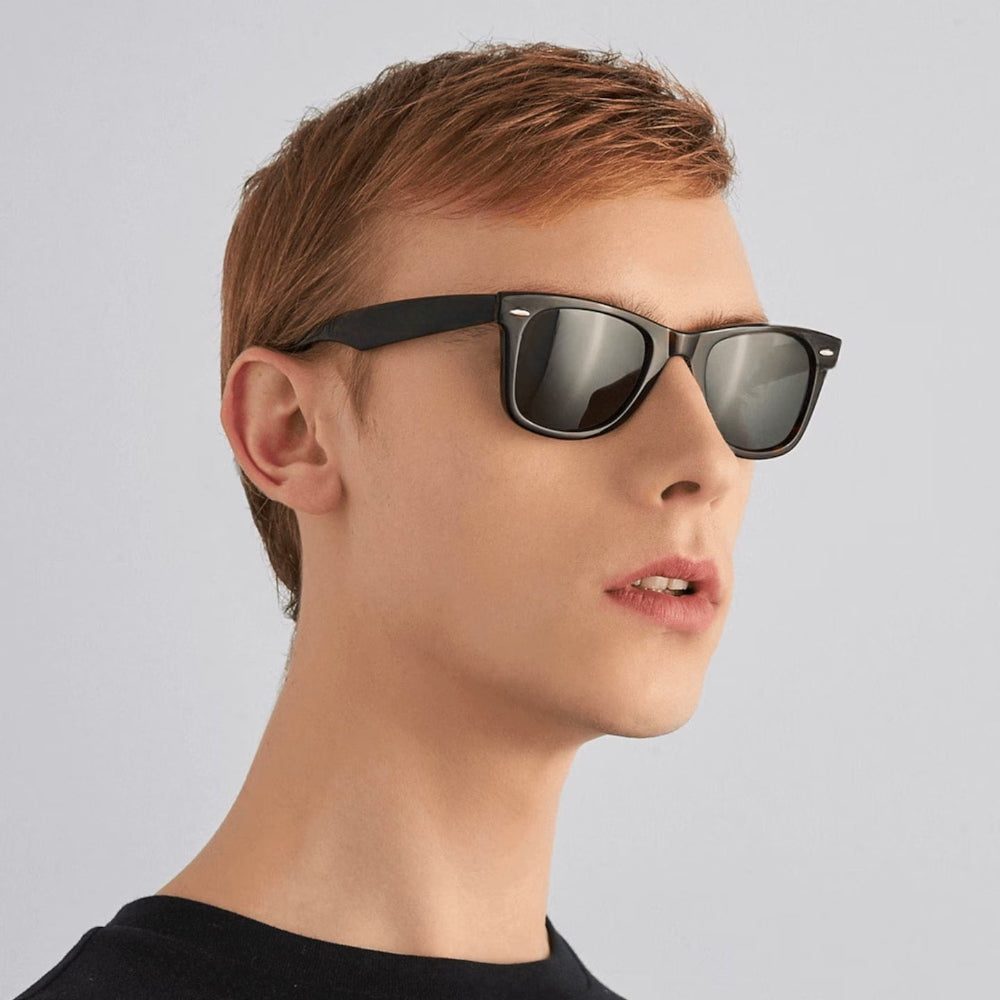 Classic Square 2140 Black-Black Sunglass (Shining) with glossy black frame and UV 400 protection from JUO INDIA.